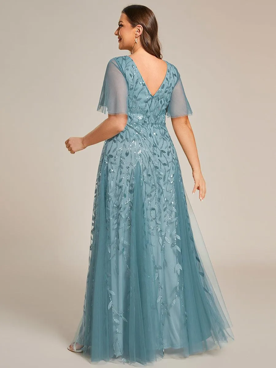 Grande Taille Robe de Soirée Romantique Scintillante à col en V et Manches à Volants