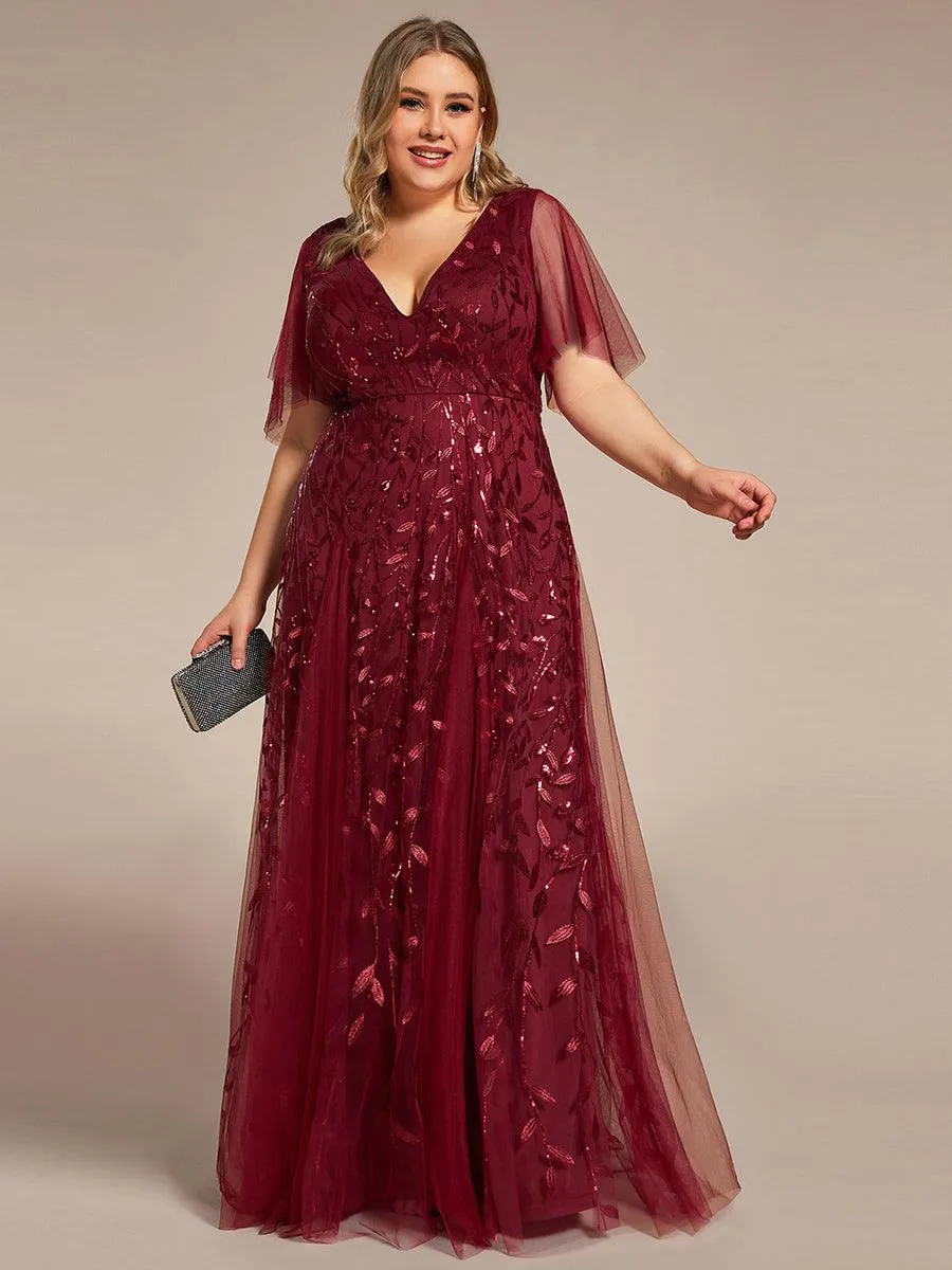 Grande Taille Robe de Soirée Romantique Scintillante à col en V et Manches à Volants
