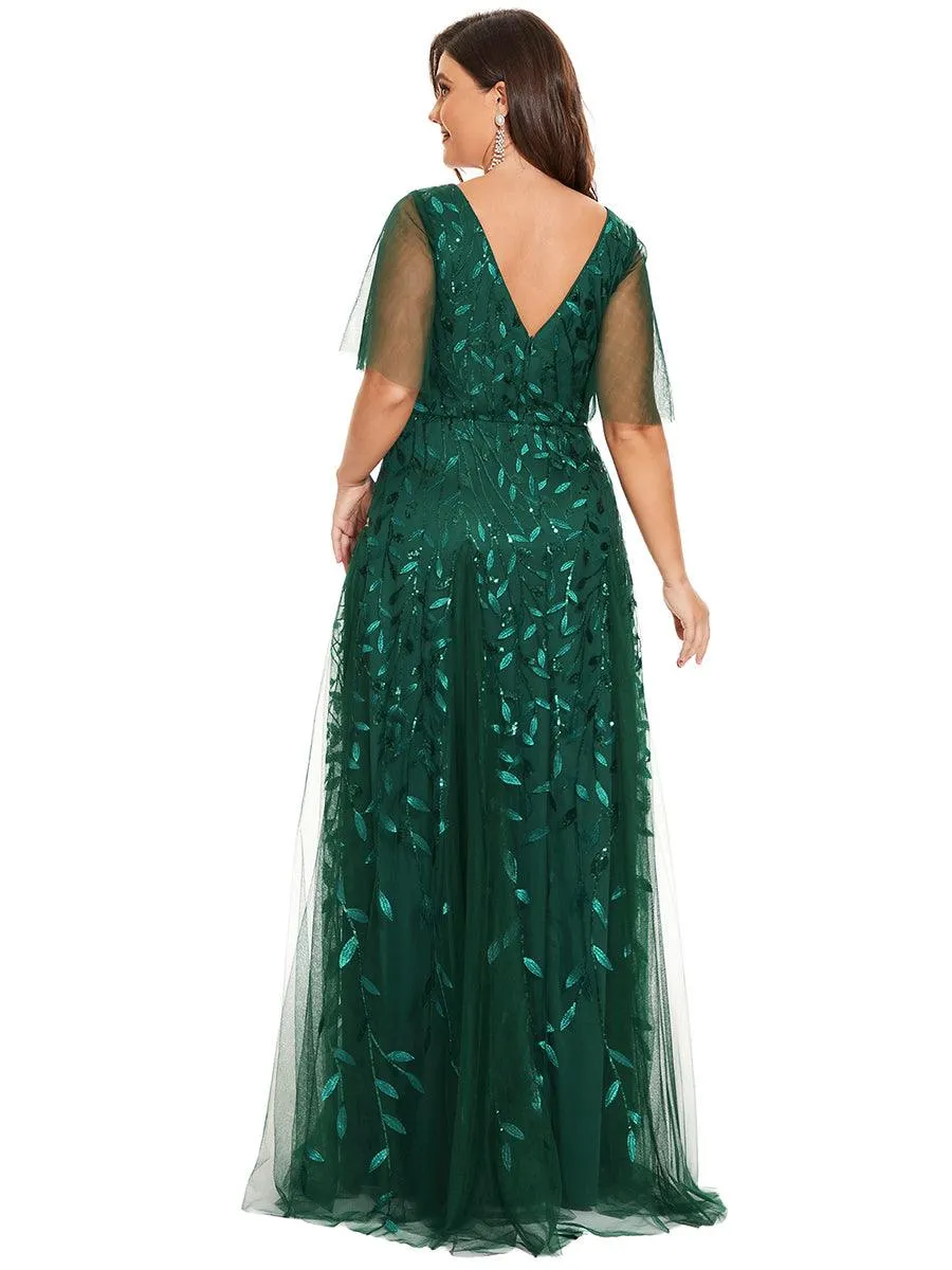 Grande Taille Robe de Soirée Romantique Scintillante à col en V et Manches à Volants