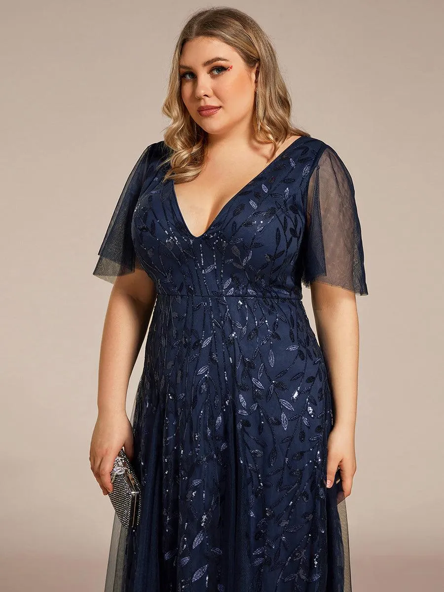 Grande Taille Robe de Soirée Romantique Scintillante à col en V et Manches à Volants