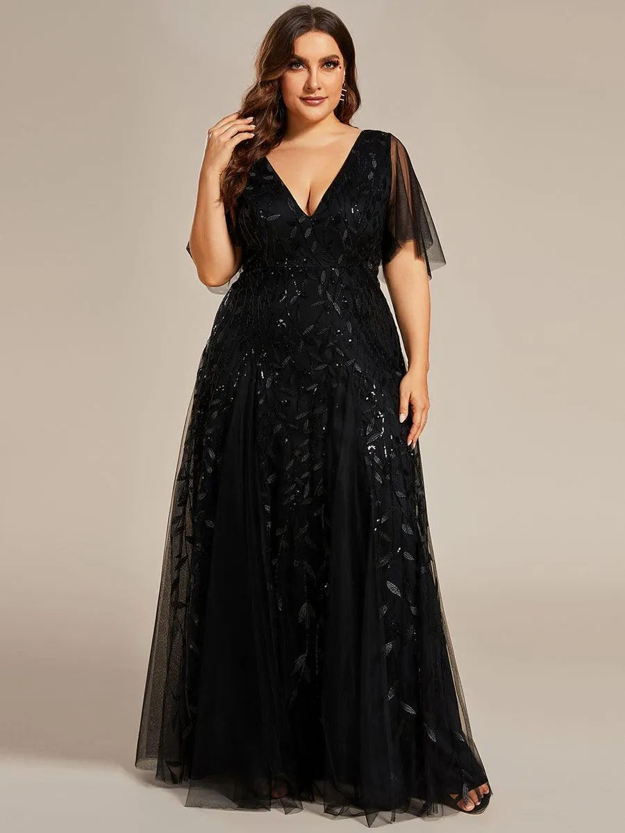 Grande Taille Robe de Soirée Romantique Scintillante à col en V et Manches à Volants