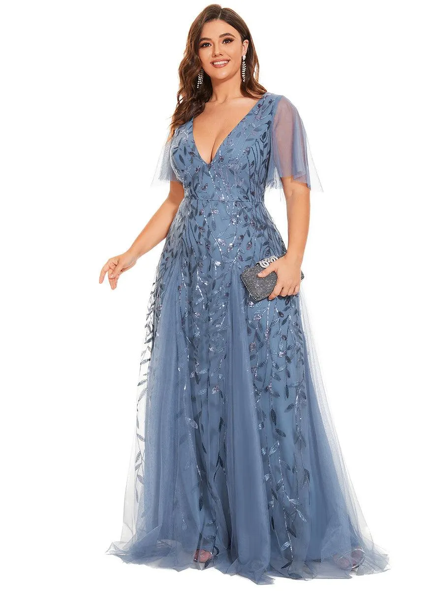 Grande Taille Robe de Soirée Romantique Scintillante à col en V et Manches à Volants