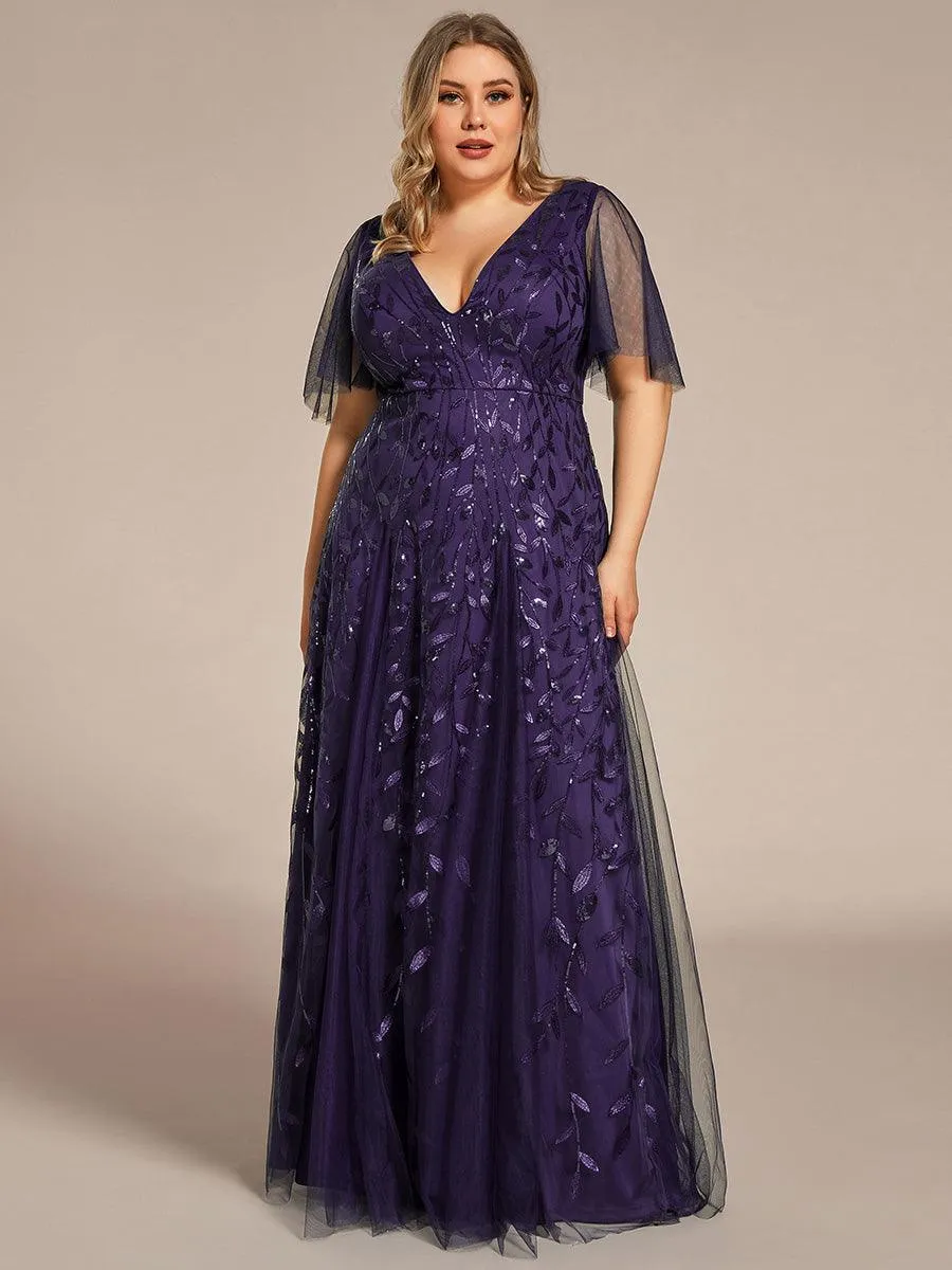 Grande Taille Robe de Soirée Romantique Scintillante à col en V et Manches à Volants