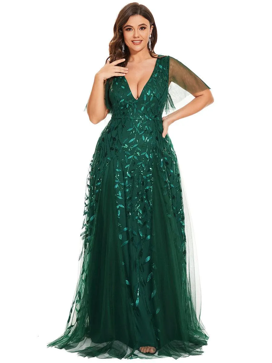 Grande Taille Robe de Soirée Romantique Scintillante à col en V et Manches à Volants