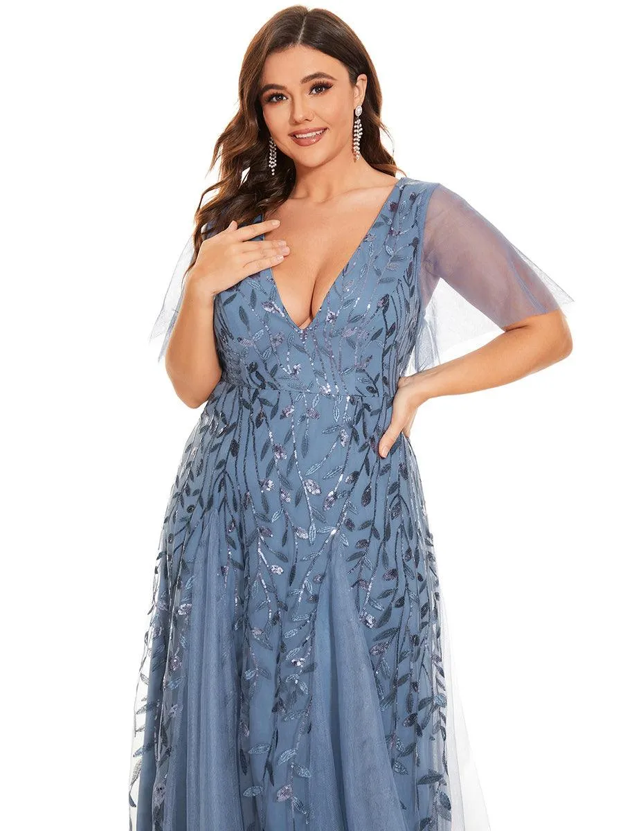Grande Taille Robe de Soirée Romantique Scintillante à col en V et Manches à Volants