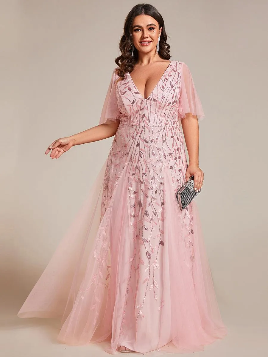 Grande Taille Robe de Soirée Romantique Scintillante à col en V et Manches à Volants