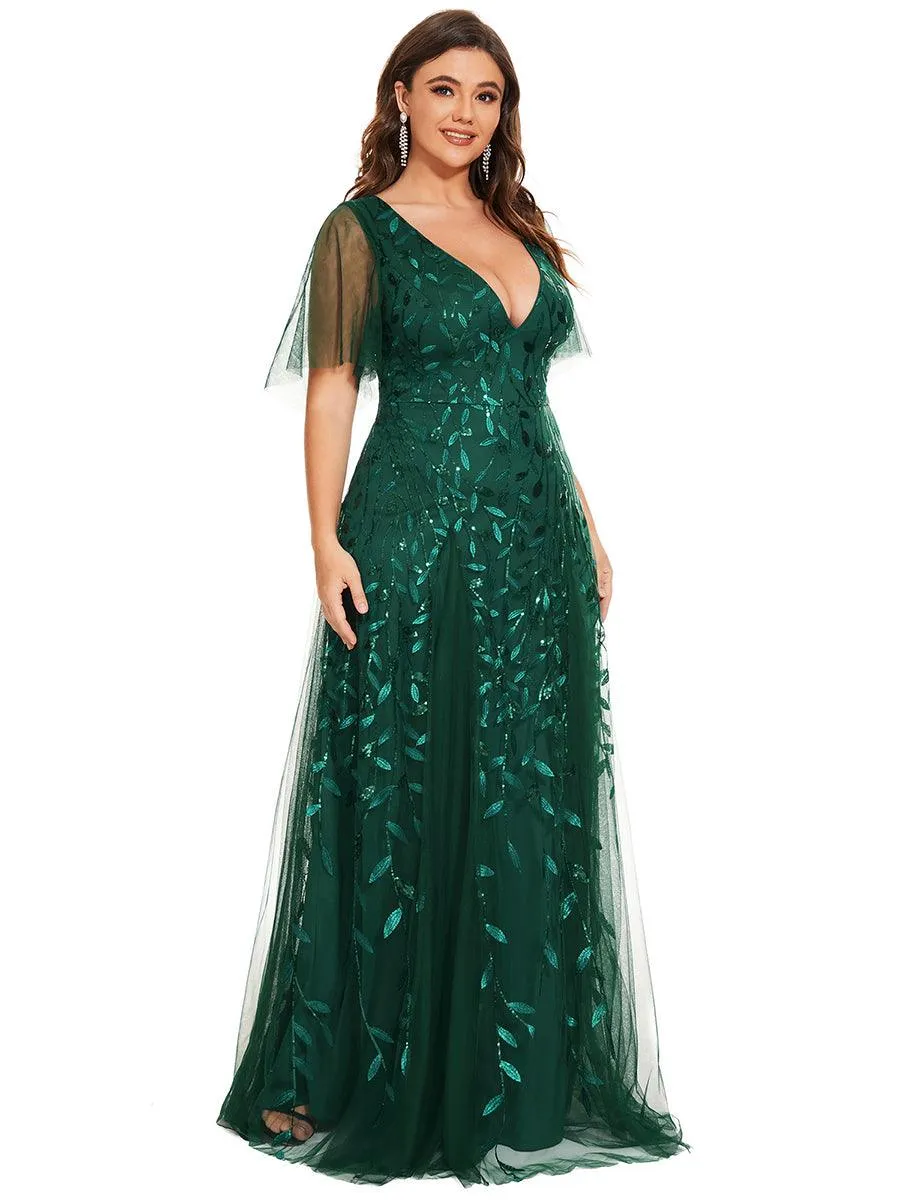 Grande Taille Robe de Soirée Romantique Scintillante à col en V et Manches à Volants