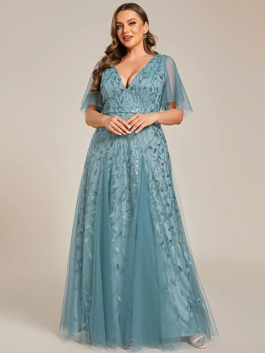 Grande Taille Robe de Soirée Romantique Scintillante à col en V et Manches à Volants