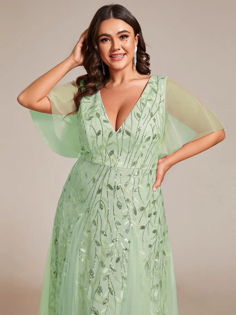 Grande Taille Robe de Soirée Romantique Scintillante à col en V et Manches à Volants