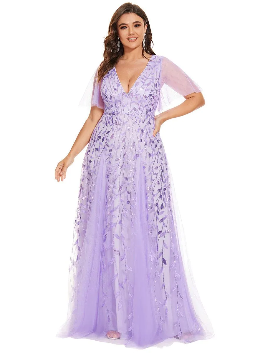 Grande Taille Robe de Soirée Romantique Scintillante à col en V et Manches à Volants
