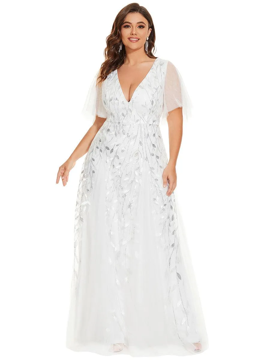 Grande Taille Robe de Soirée Romantique Scintillante à col en V et Manches à Volants