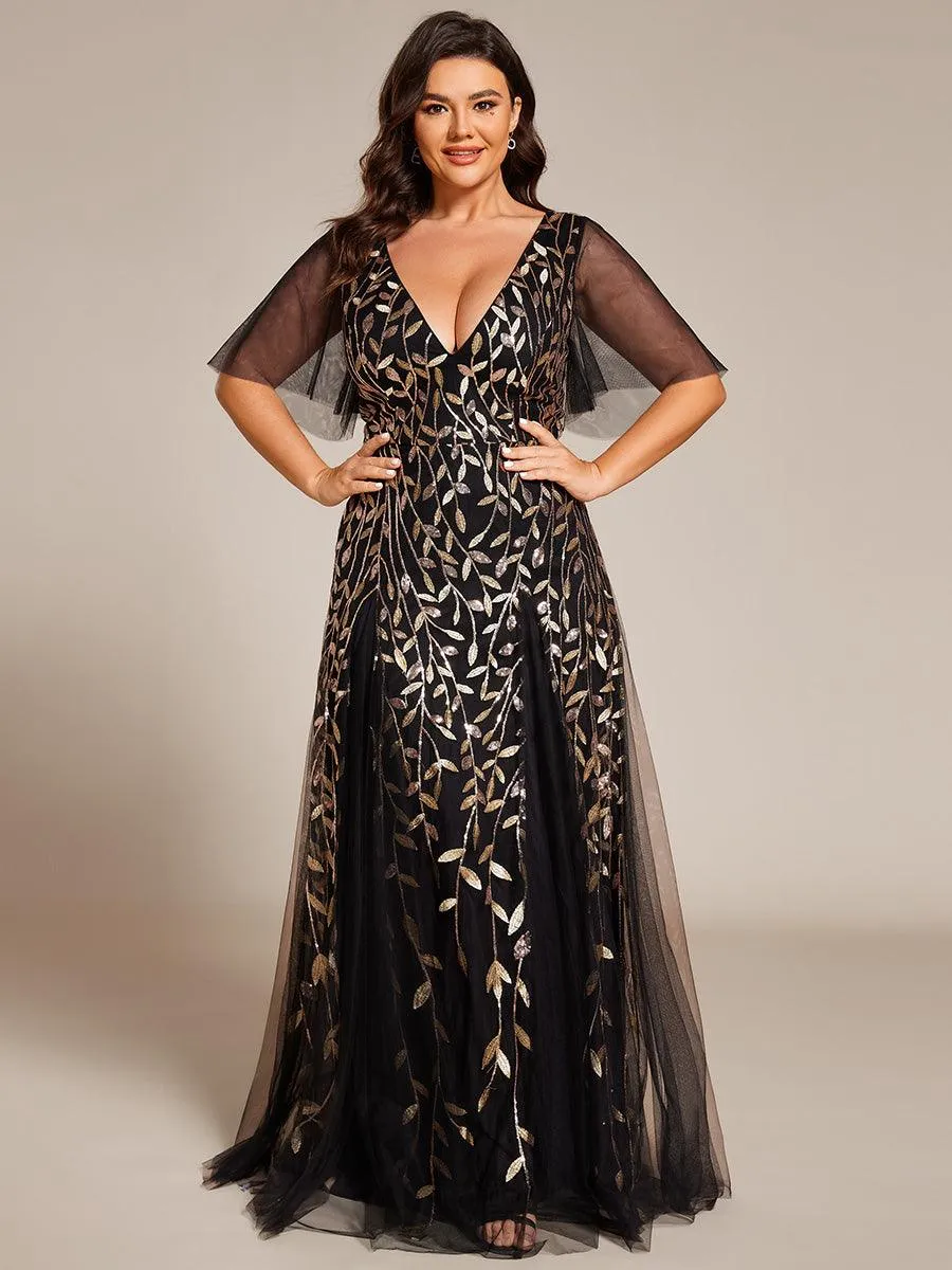 Grande Taille Robe de Soirée Romantique Scintillante à col en V et Manches à Volants