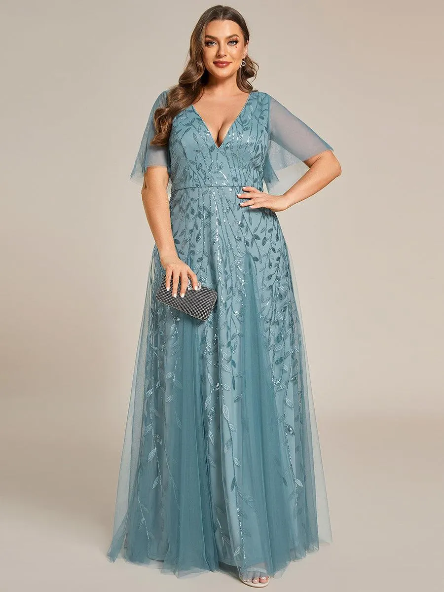 Grande Taille Robe de Soirée Romantique Scintillante à col en V et Manches à Volants