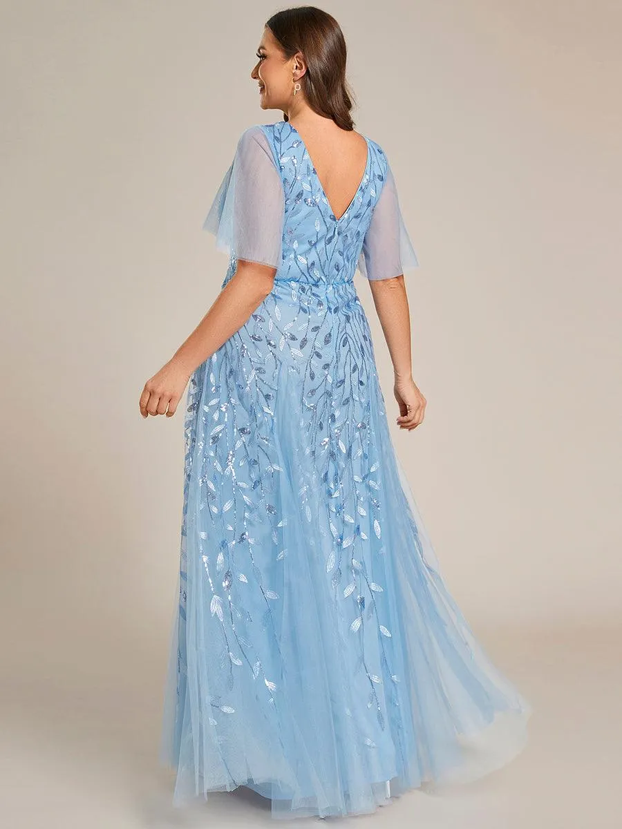 Grande Taille Robe de Soirée Romantique Scintillante à col en V et Manches à Volants