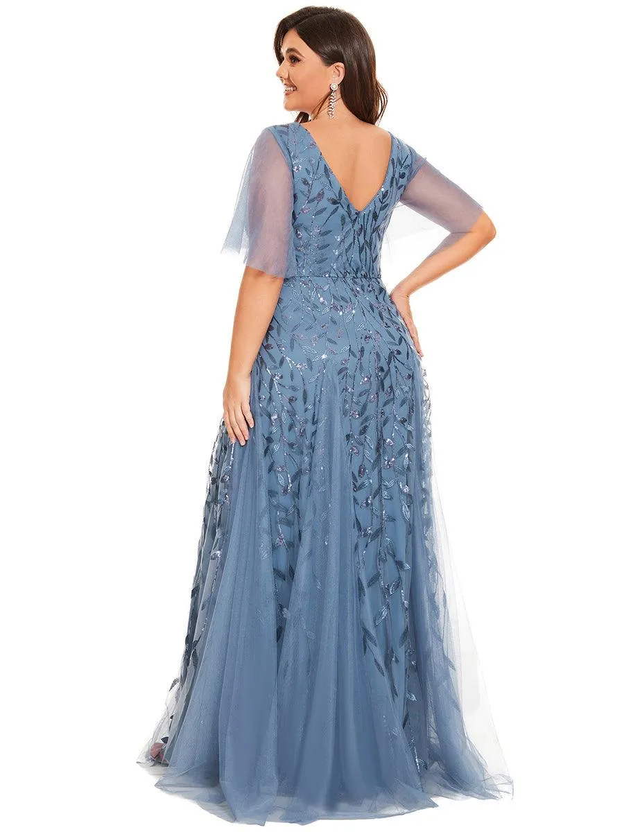 Grande Taille Robe de Soirée Romantique Scintillante à col en V et Manches à Volants