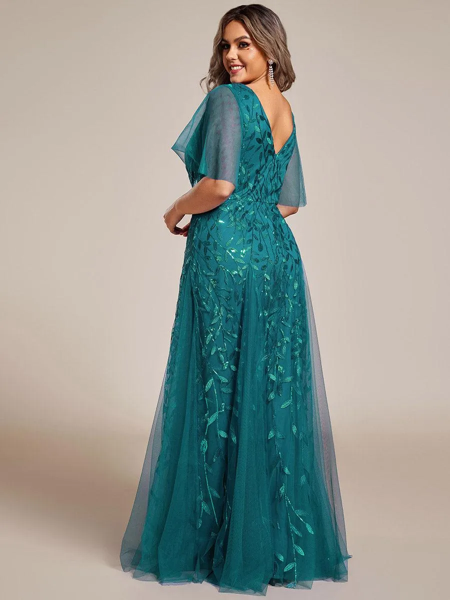 Grande Taille Robe de Soirée Romantique Scintillante à col en V et Manches à Volants
