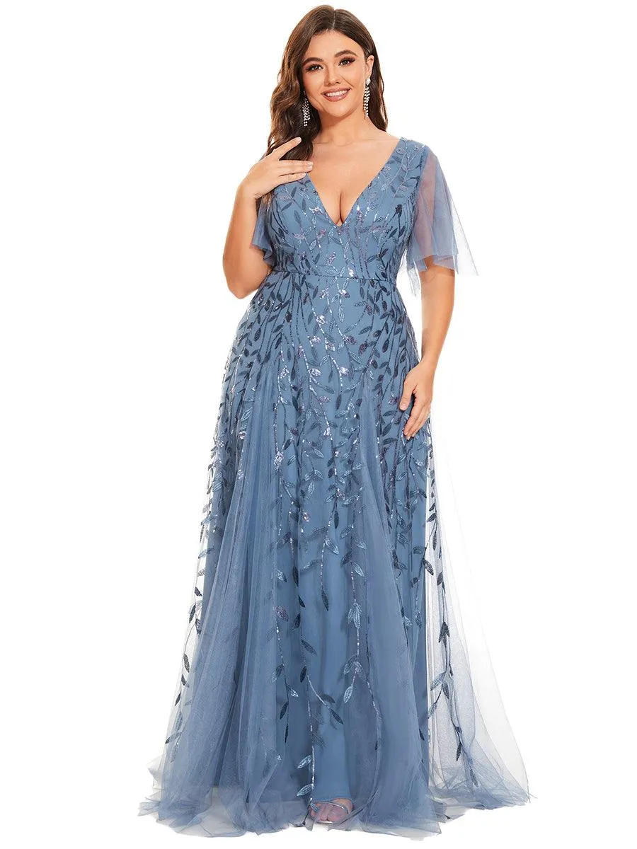Grande Taille Robe de Soirée Romantique Scintillante à col en V et Manches à Volants