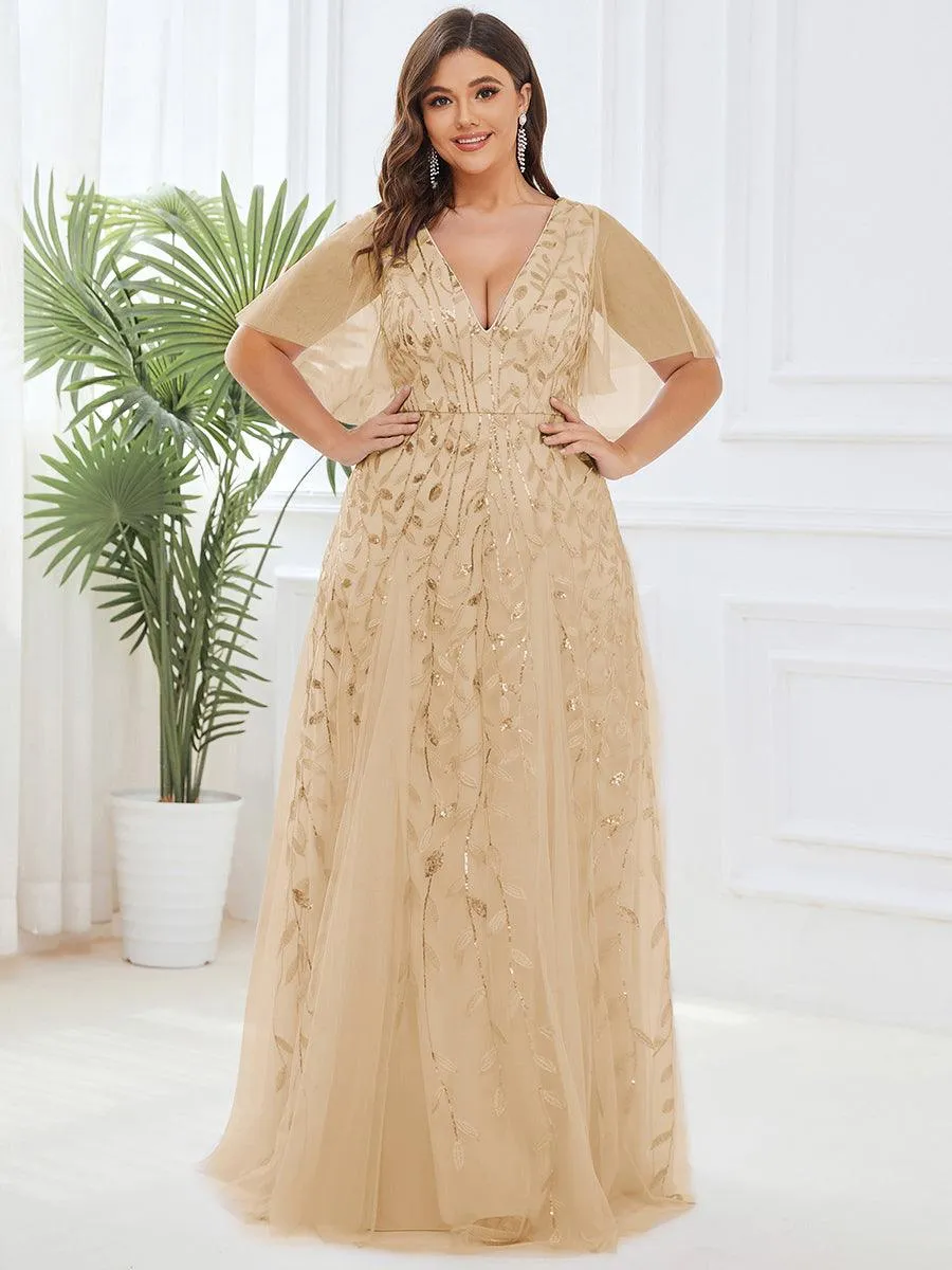 Grande Taille Robe de Soirée Romantique Scintillante à col en V et Manches à Volants