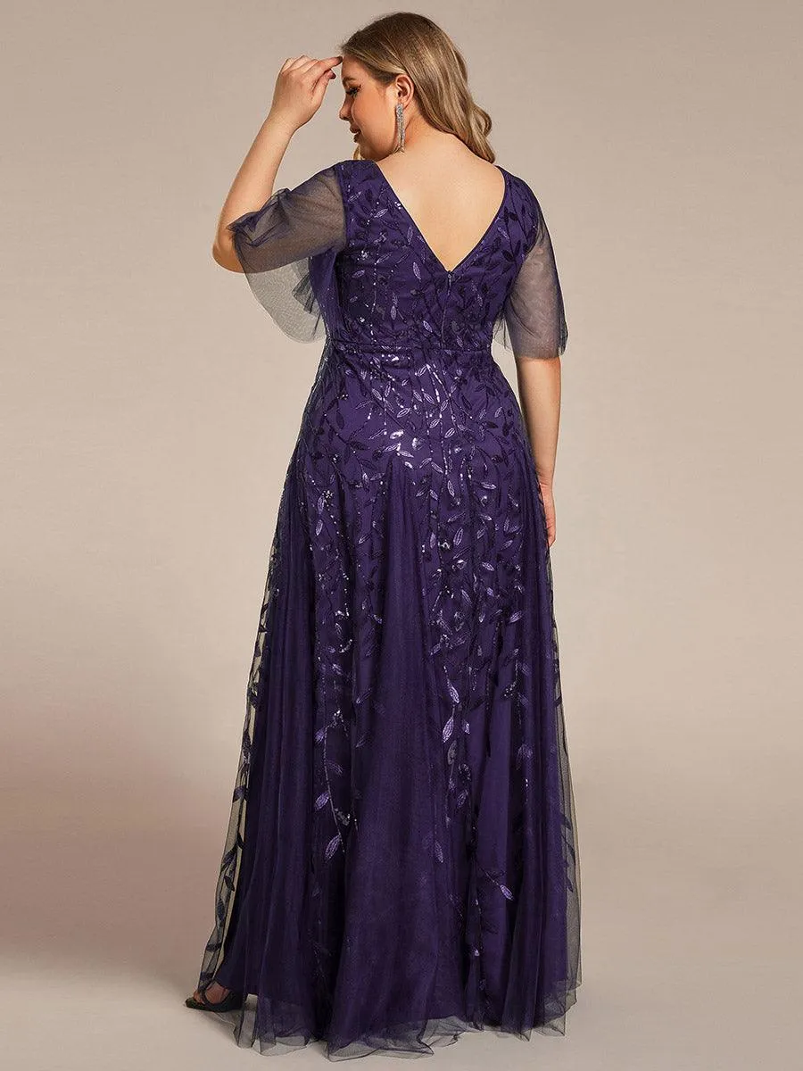 Grande Taille Robe de Soirée Romantique Scintillante à col en V et Manches à Volants