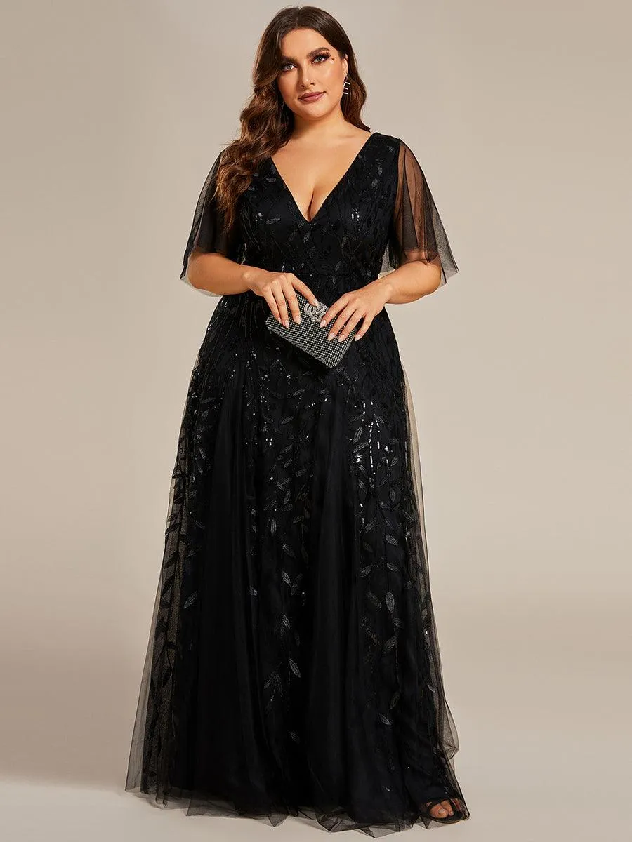 Grande Taille Robe de Soirée Romantique Scintillante à col en V et Manches à Volants
