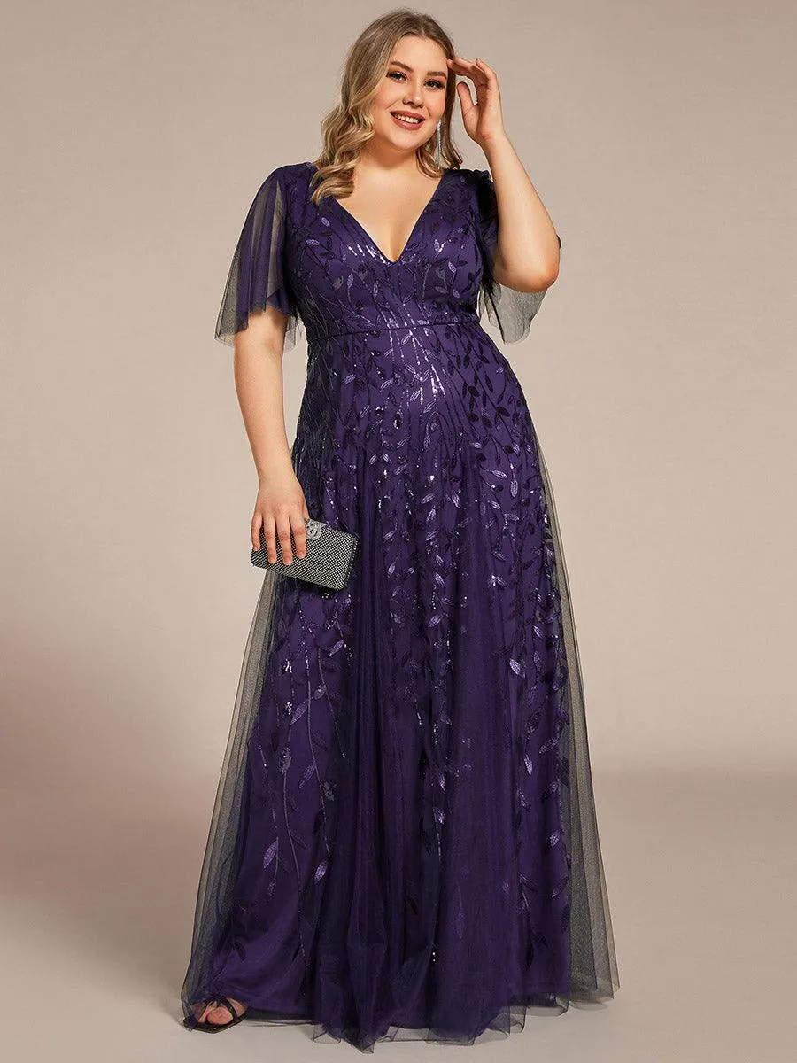 Grande Taille Robe de Soirée Romantique Scintillante à col en V et Manches à Volants