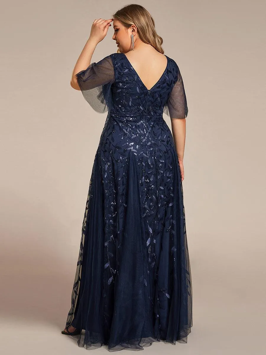 Grande Taille Robe de Soirée Romantique Scintillante à col en V et Manches à Volants
