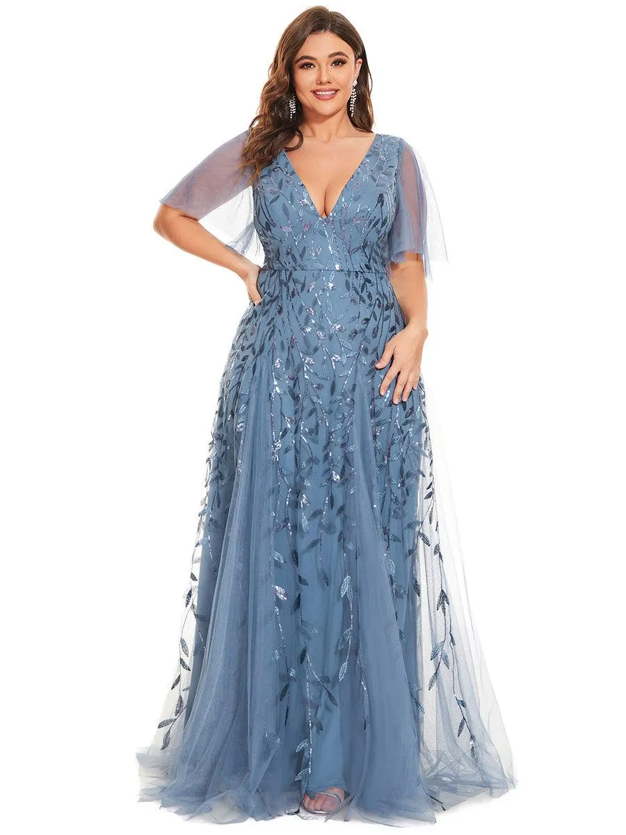 Grande Taille Robe de Soirée Romantique Scintillante à col en V et Manches à Volants