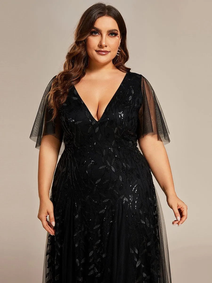 Grande Taille Robe de Soirée Romantique Scintillante à col en V et Manches à Volants