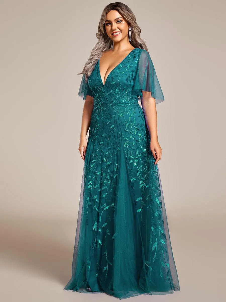 Grande Taille Robe de Soirée Romantique Scintillante à col en V et Manches à Volants