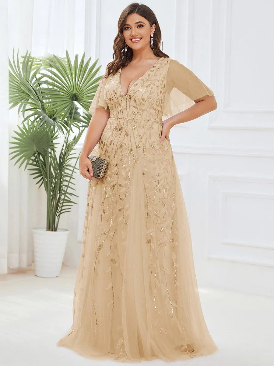 Grande Taille Robe de Soirée Romantique Scintillante à col en V et Manches à Volants