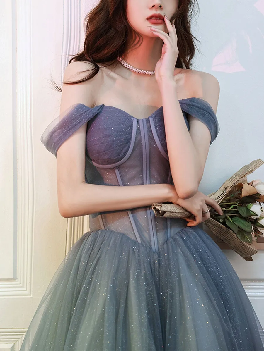 Gray blue tulle long prom dress, gray tulle formal dress