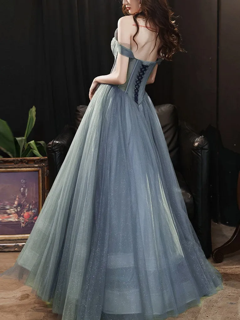 Gray blue tulle long prom dress, gray tulle formal dress