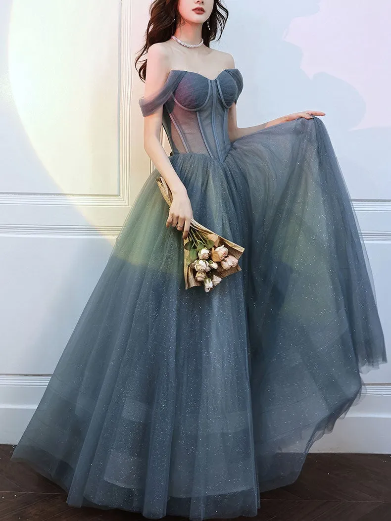 Gray blue tulle long prom dress, gray tulle formal dress