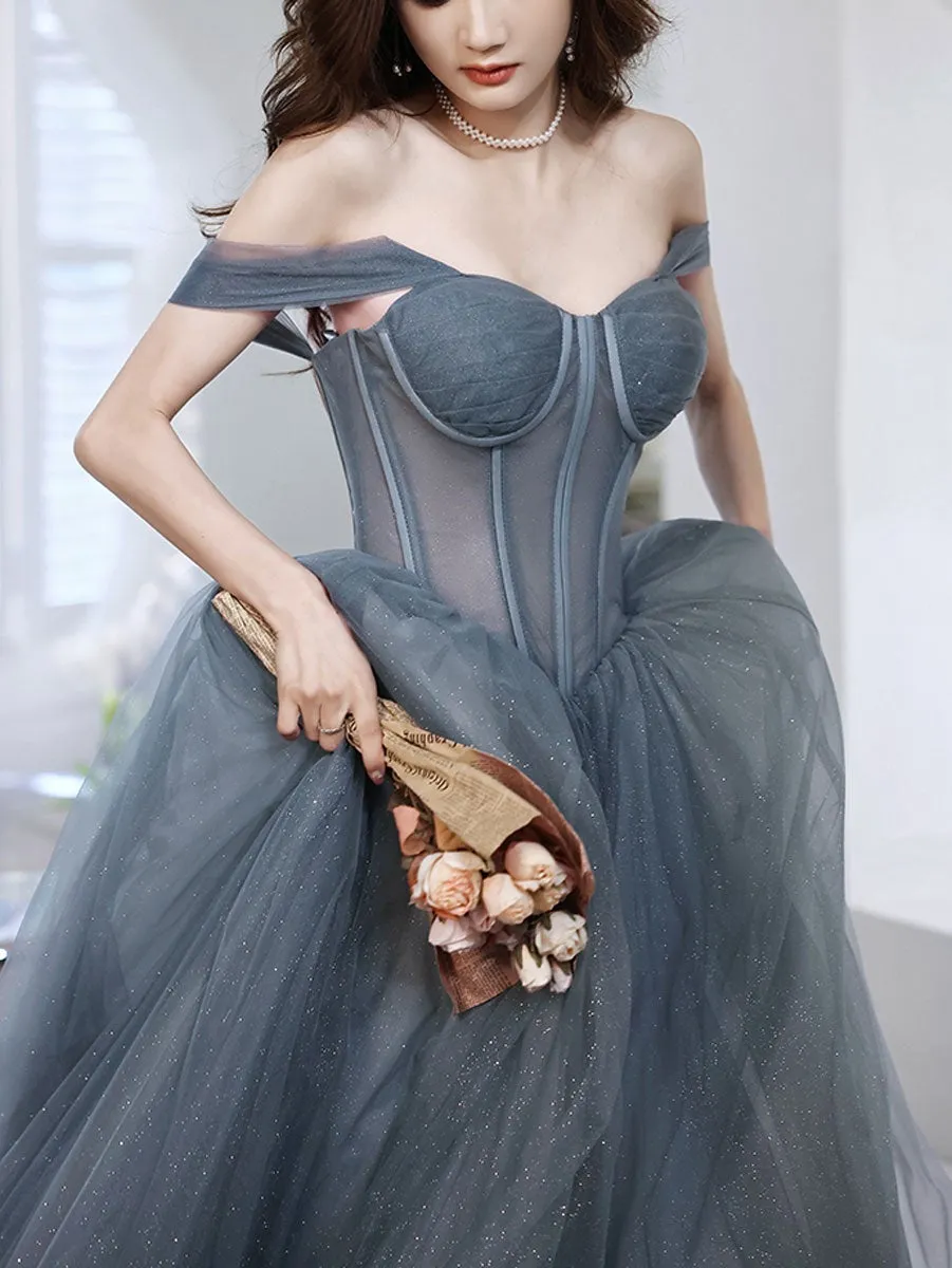 Gray blue tulle long prom dress, gray tulle formal dress