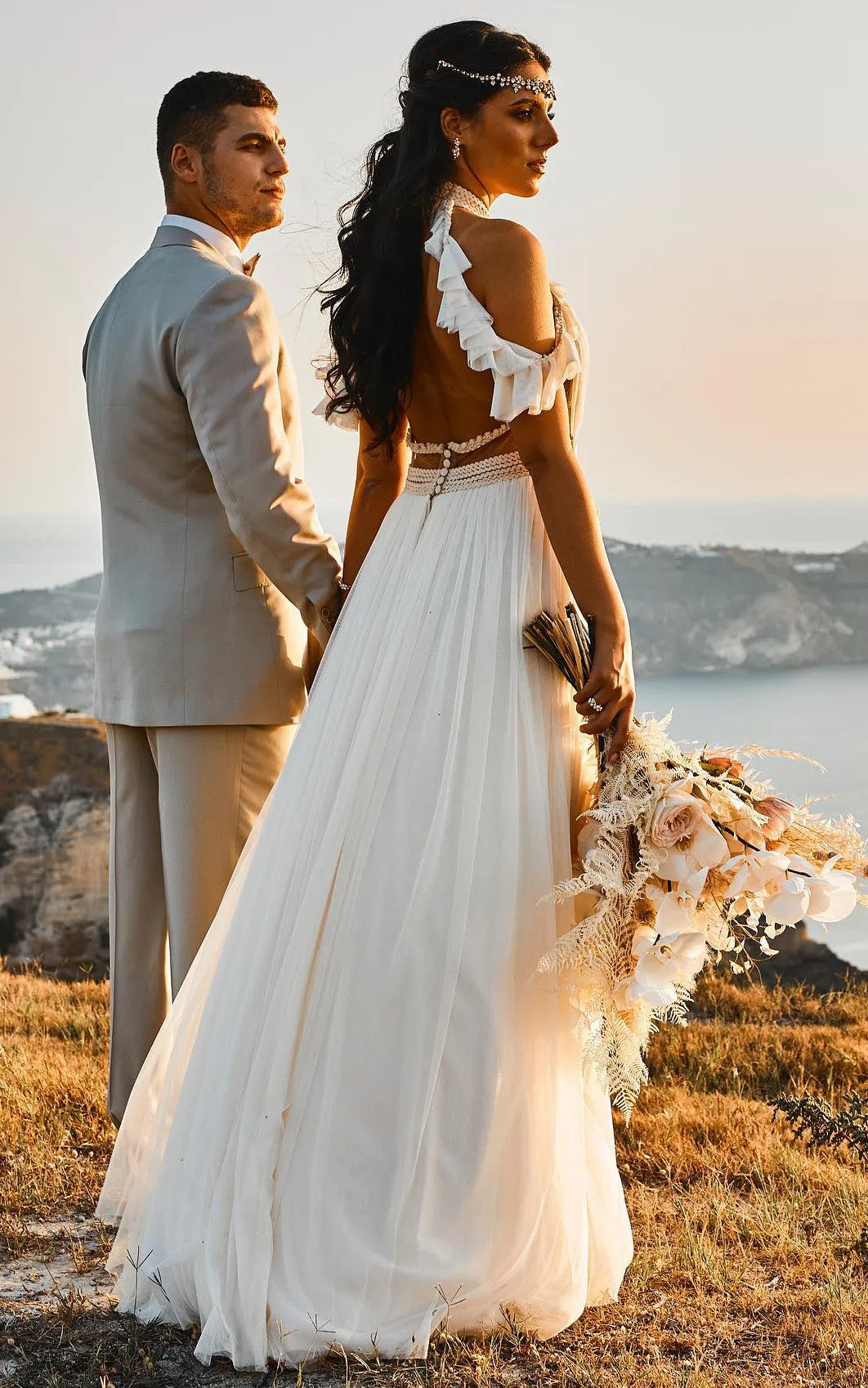 Grecian A-Line Off-the-shoulder Tulle Wedding Dress With Halter Neckline And Sash-716605