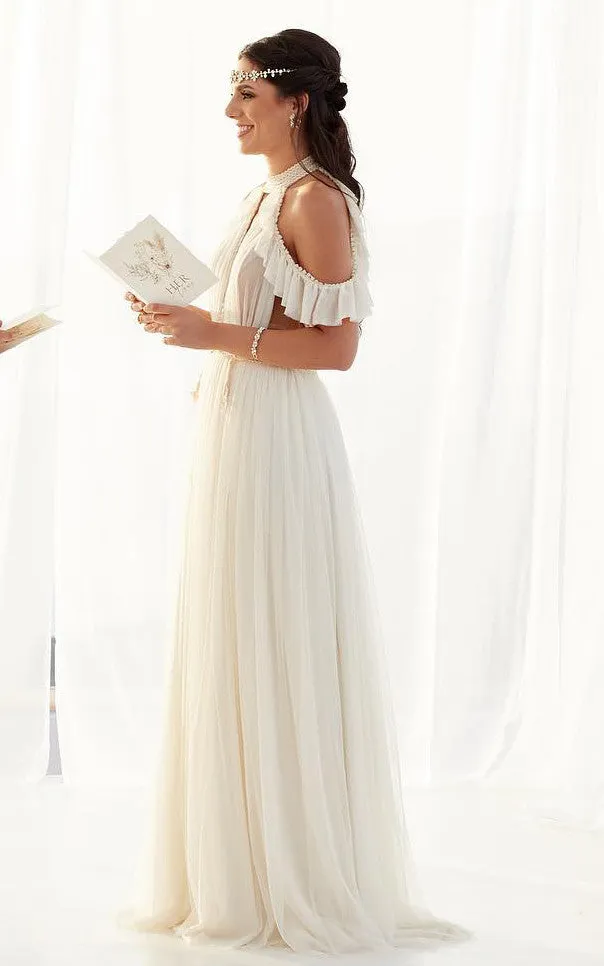 Grecian A-Line Off-the-shoulder Tulle Wedding Dress With Halter Neckline And Sash-716605
