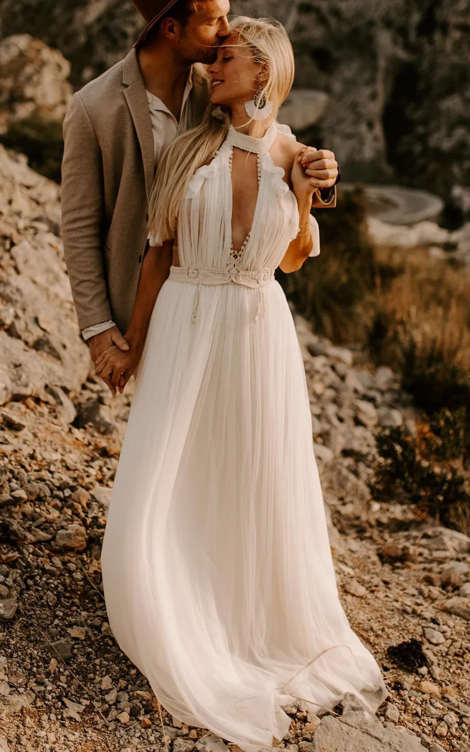 Grecian A-Line Off-the-shoulder Tulle Wedding Dress With Halter Neckline And Sash-716605