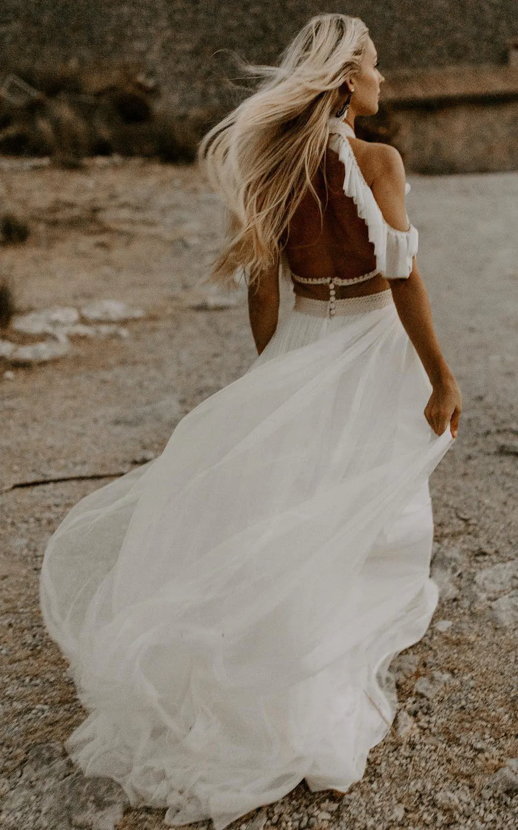 Grecian A-Line Off-the-shoulder Tulle Wedding Dress With Halter Neckline And Sash-716605