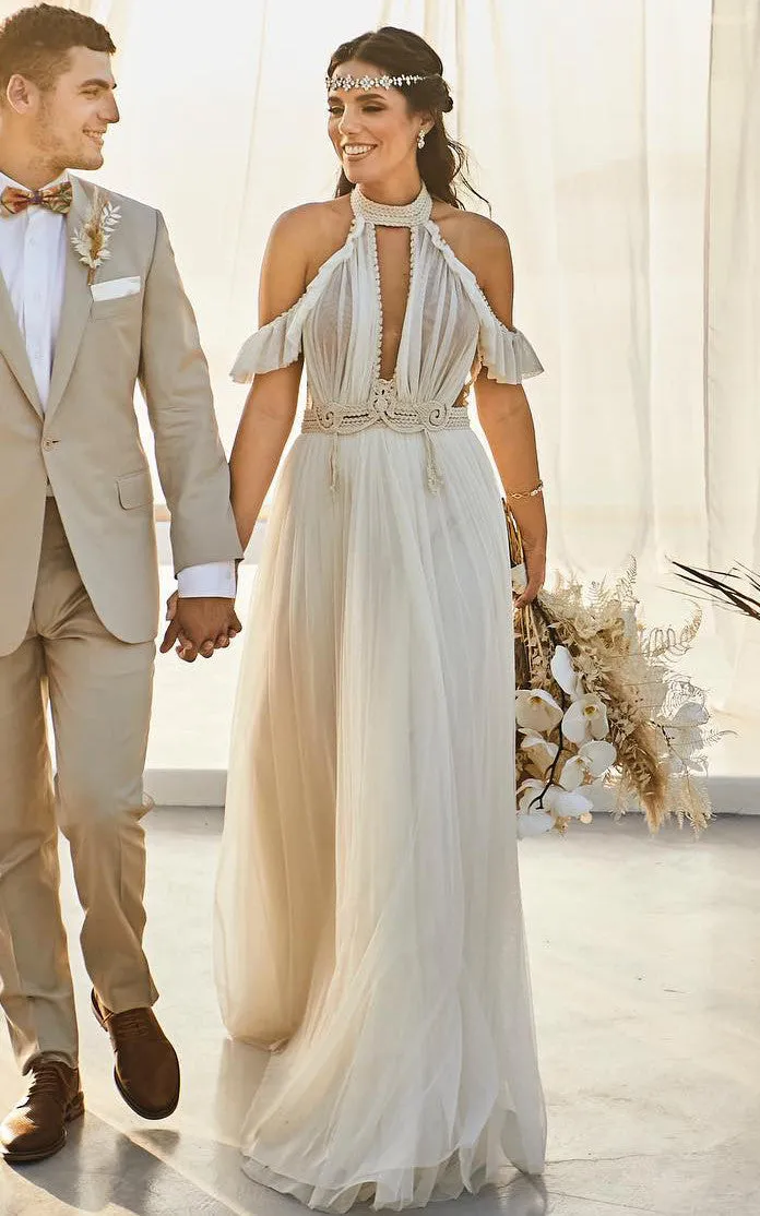 Grecian A-Line Off-the-shoulder Tulle Wedding Dress With Halter Neckline And Sash-716605