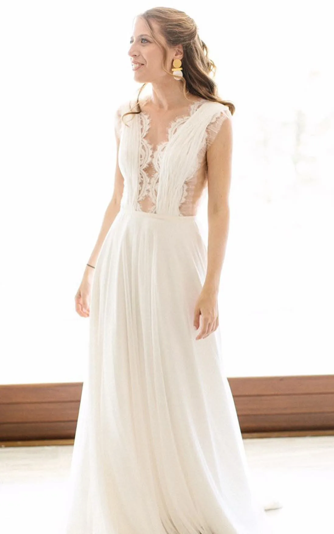 Greek A-Line Plunging Neckline Chiffon Lace Wedding Dress With Open Back And Pleats-716607