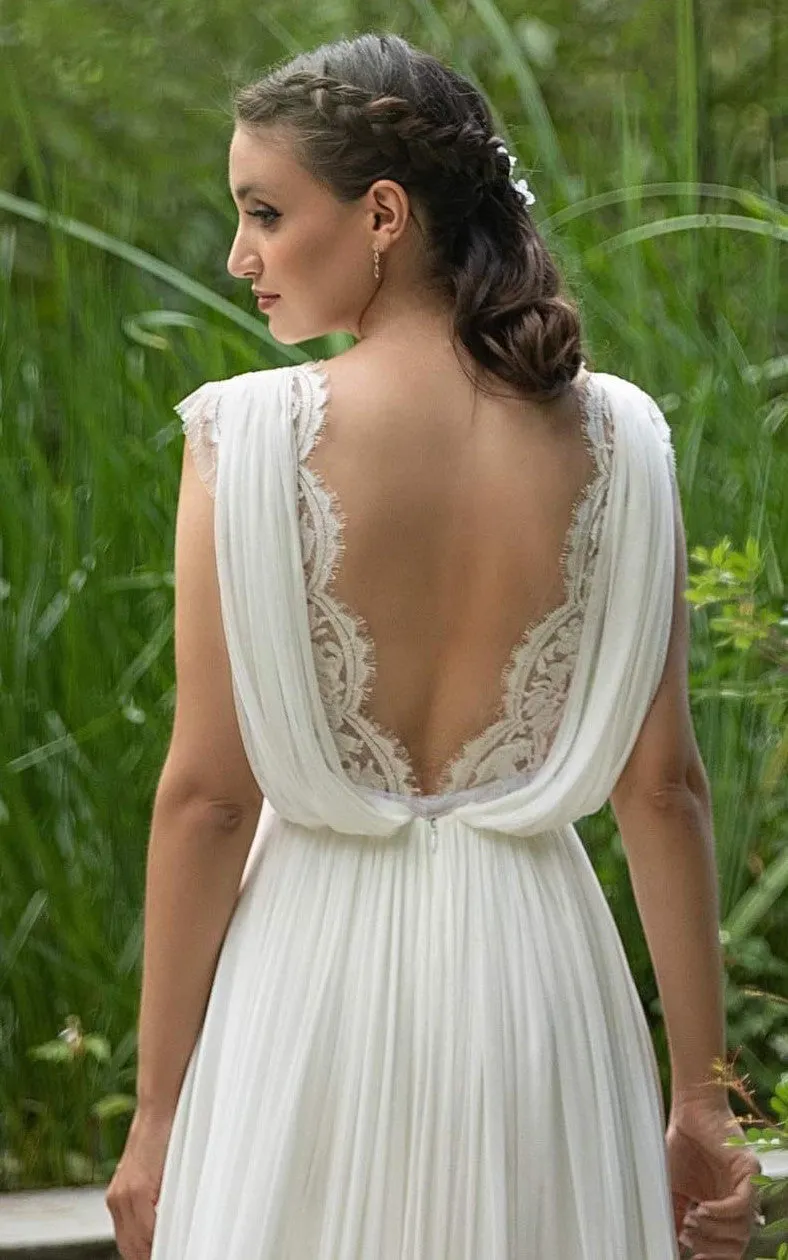 Greek A-Line Plunging Neckline Chiffon Lace Wedding Dress With Open Back And Pleats-716607