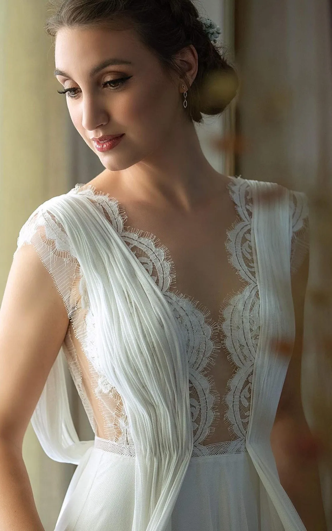 Greek A-Line Plunging Neckline Chiffon Lace Wedding Dress With Open Back And Pleats-716607