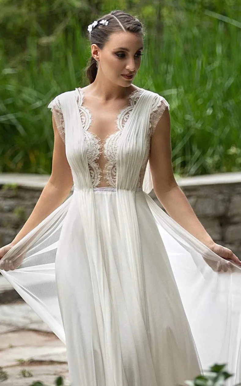 Greek A-Line Plunging Neckline Chiffon Lace Wedding Dress With Open Back And Pleats-716607