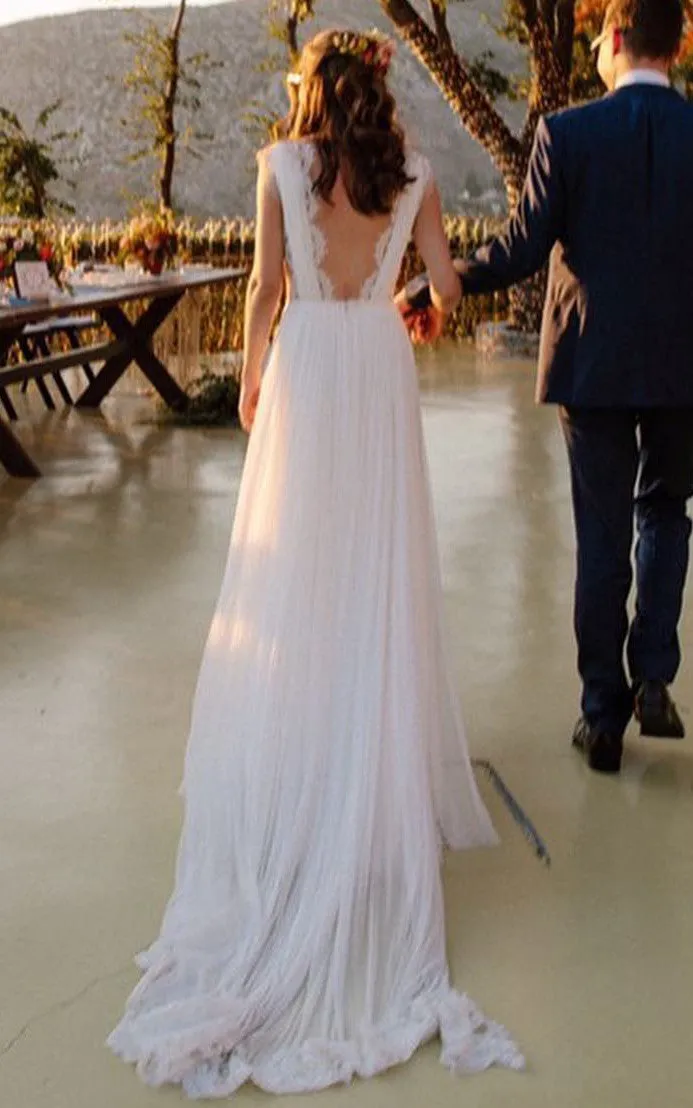 Greek A-Line Plunging Neckline Chiffon Lace Wedding Dress With Open Back And Pleats-716607