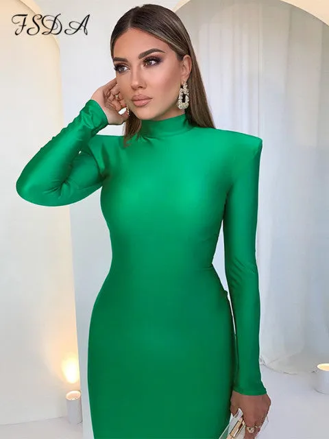 Green Long Sleeve Women Dress Party Autumn Winter Turtleneck Black Sexy Bodycon Dresses