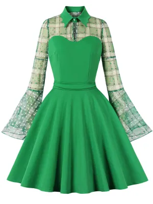 Green Plaid Trumpet Sleeves 1950S Vintage Dress