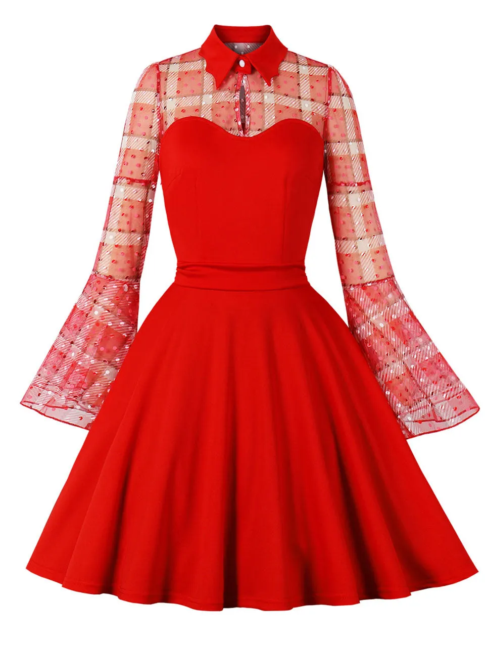 Green Plaid Trumpet Sleeves 1950S Vintage Dress