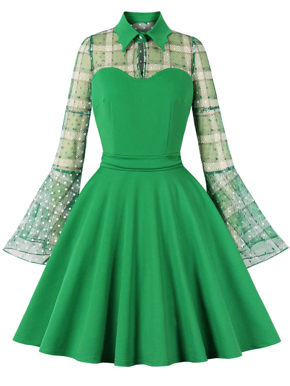 Green Plaid Trumpet Sleeves 1950S Vintage Dress