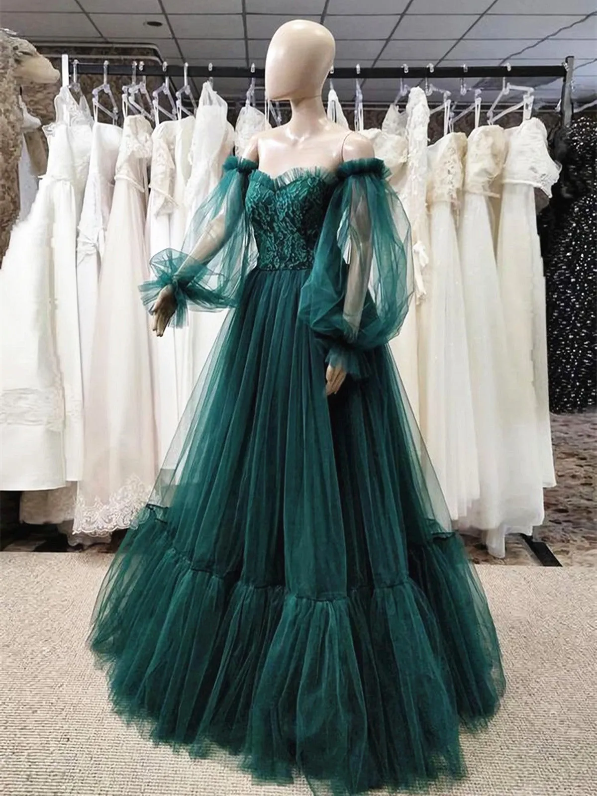 Green Puffy Sleeves Lace Top Long Party Dresses, Green Tulle Prom Dresses