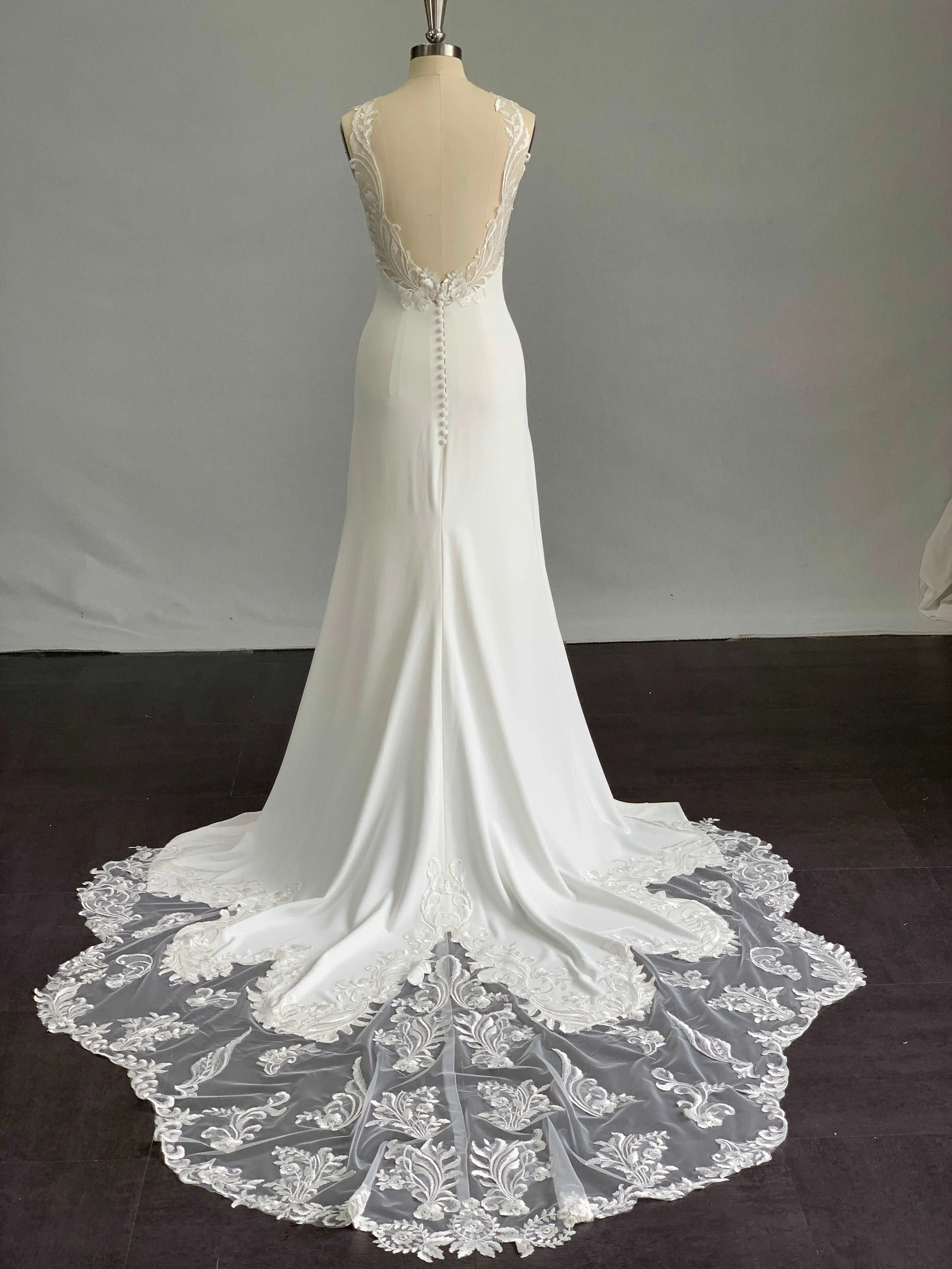 Halter Illusion Crepe Sheath Wedding Dress with Lace Train | Laura